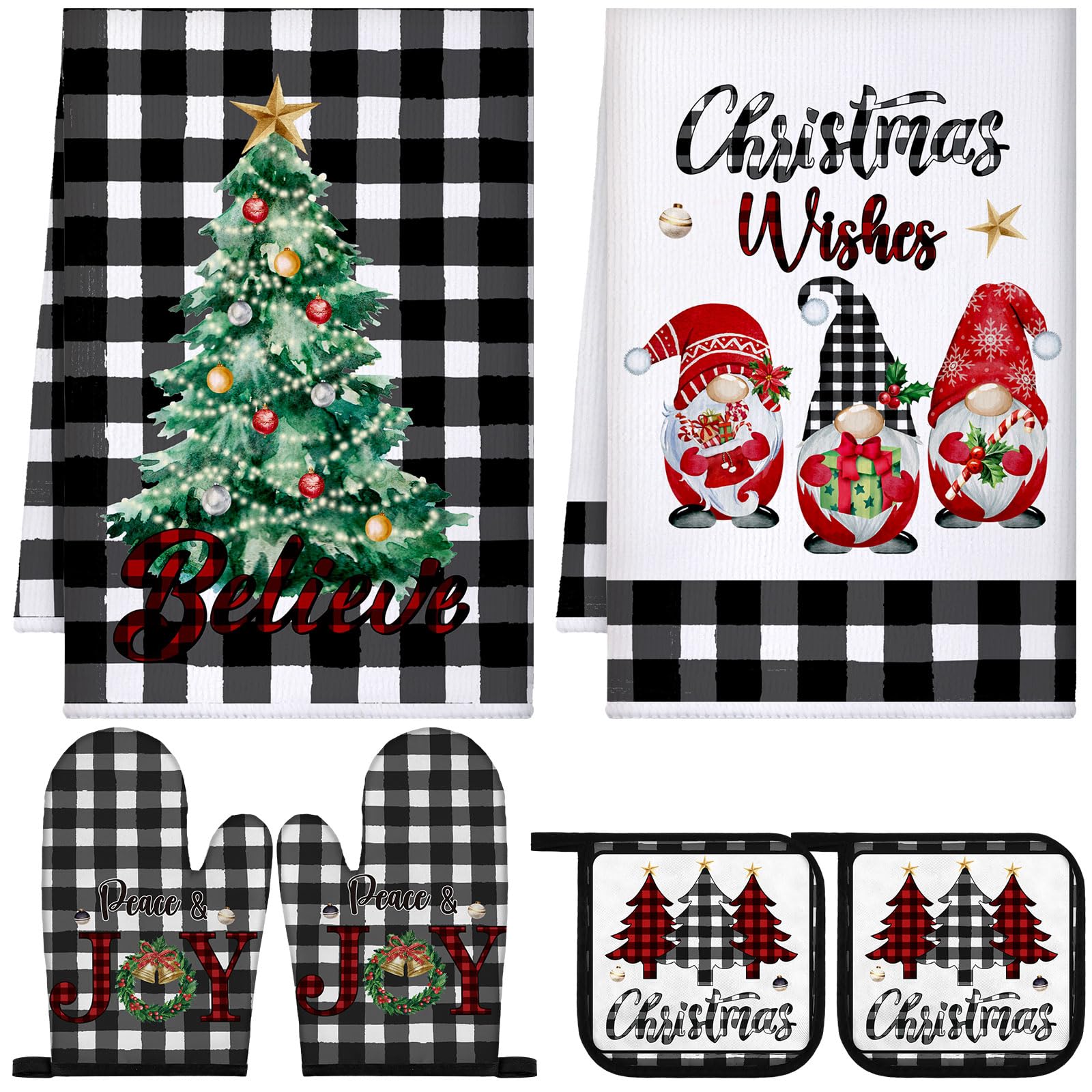 Bencailor 6 Pcs Christmas Kitchen Towel Oven Mitts and Pot Holders Set Xmas Theme Dish Towels Heat Resistant Oven Gloves for Summer Kitchen Cooking Baking Grilling(Colorful Christmas Tree Theme)